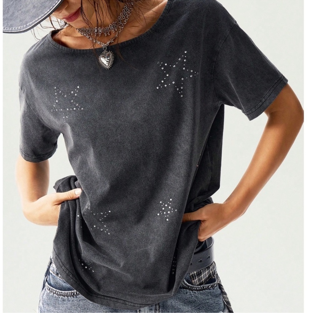 Mineral Wash Star Rhinestone Detail Oversized Short Sleeve Top S M L